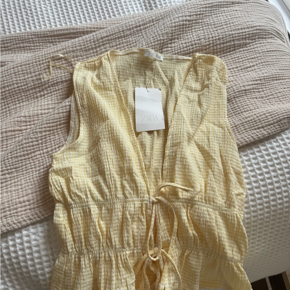 Zara Pale Yellow Sleeveless Tie-Waist Crinkle Dress